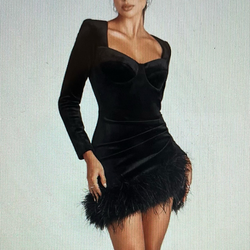 NADINE MERABI Black Long Sleeve Dress with Feathered Hem